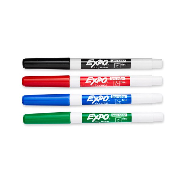 A four pack of Expo dry-erase markers that includes markers in red, green, black, and blue.
